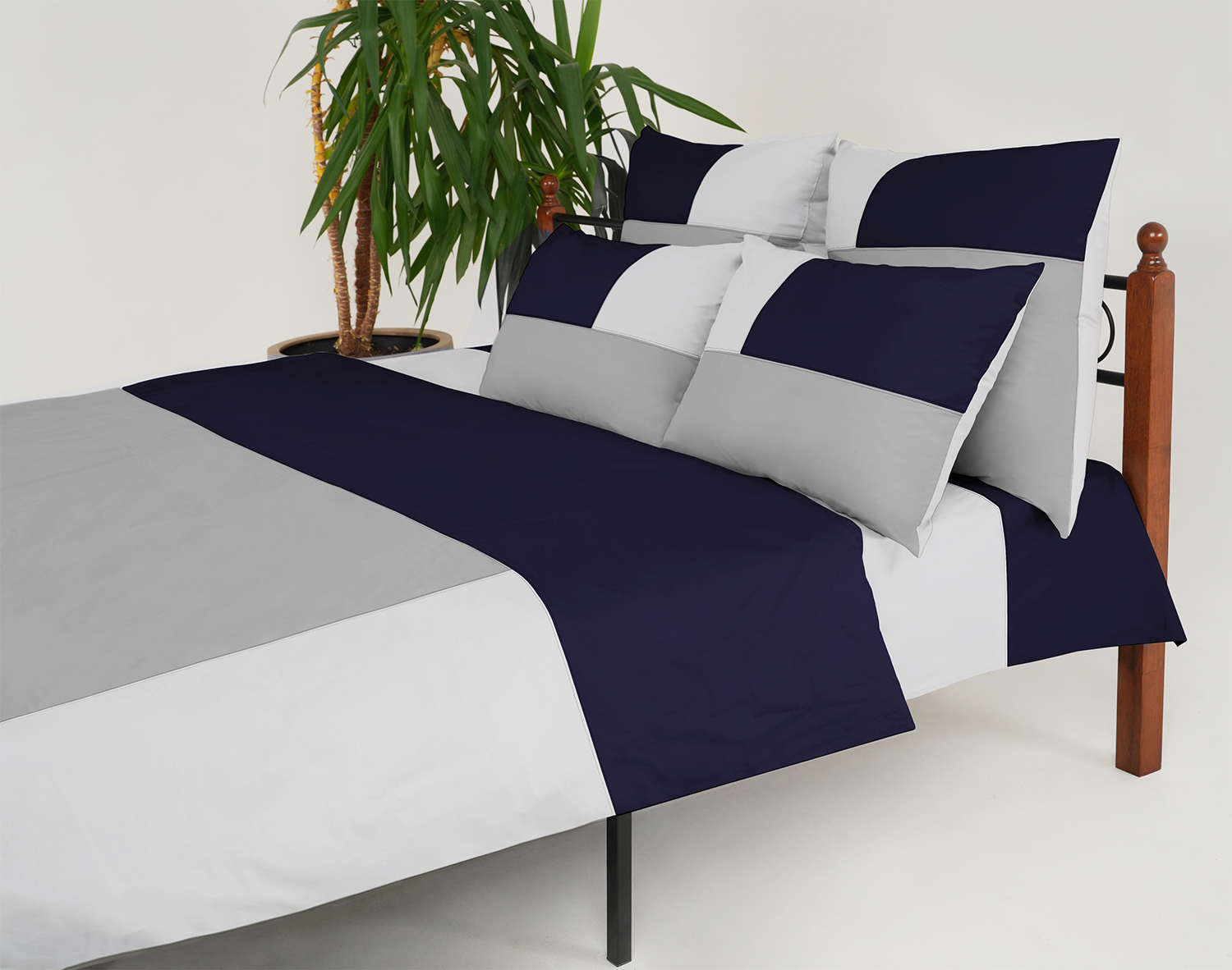 • Satini Tricolor / Сатини Триколор •  Комплект постельного белья из Мако Сатина серый-синий-белый